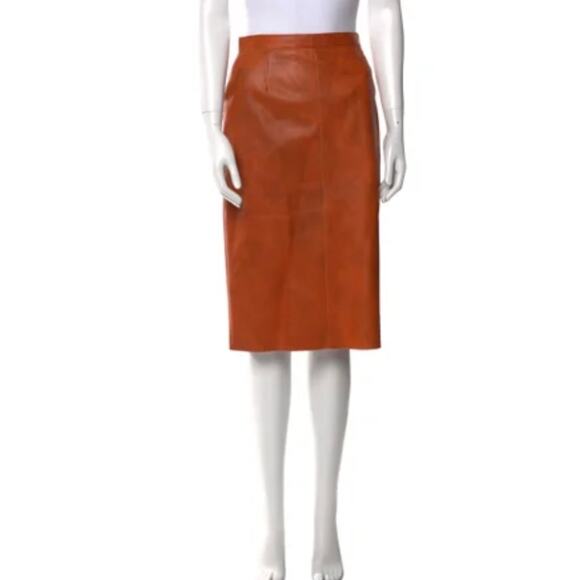 Moschino Cheap and Chic Vintage Knee-Length Orange Leather Pencil Skirt Sz 8 - Picture 1 of 16